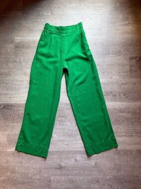 Zara Linen Viscose Blend High Rise Wide Leg Elastic Waist Pull On Green Pants S